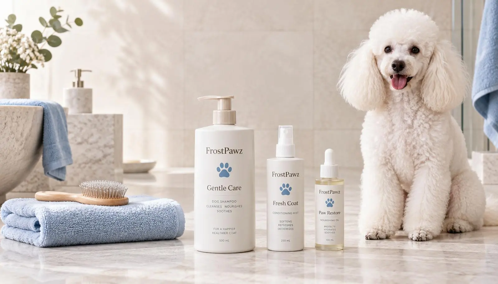 White poodle beside FrostPawz Gentle Care grooming products