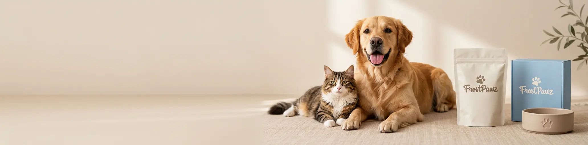 Golden retriever and tabby cat beside minimal FrostPawz pet-care products